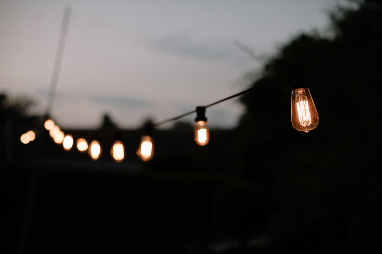 Festoon lights glowing at dusk